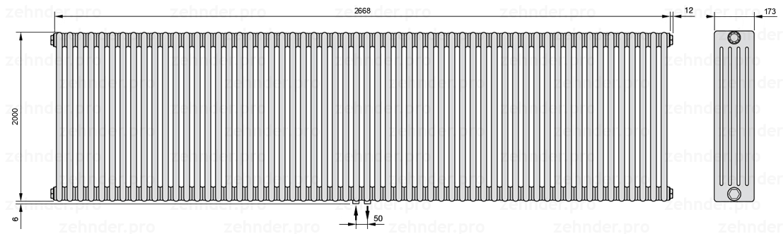 Схема (чертеж) Радиатор Zehnder Charleston 5200/58 №3470 Белый глянцевый RAL 9016